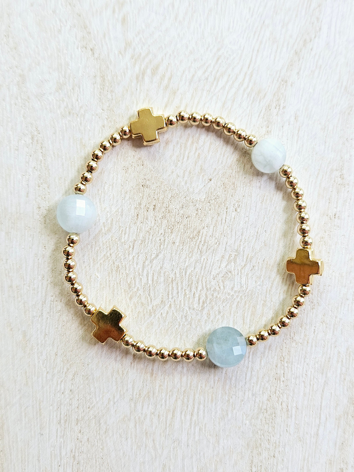 Signature Cross Admire Gold Pattern 3mm Bead Bracelet - Aquamarine