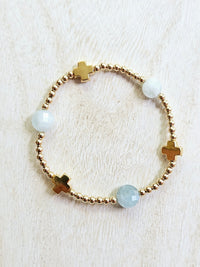 Signature Cross Admire Gold Pattern 3mm Bead Bracelet - Aquamarine