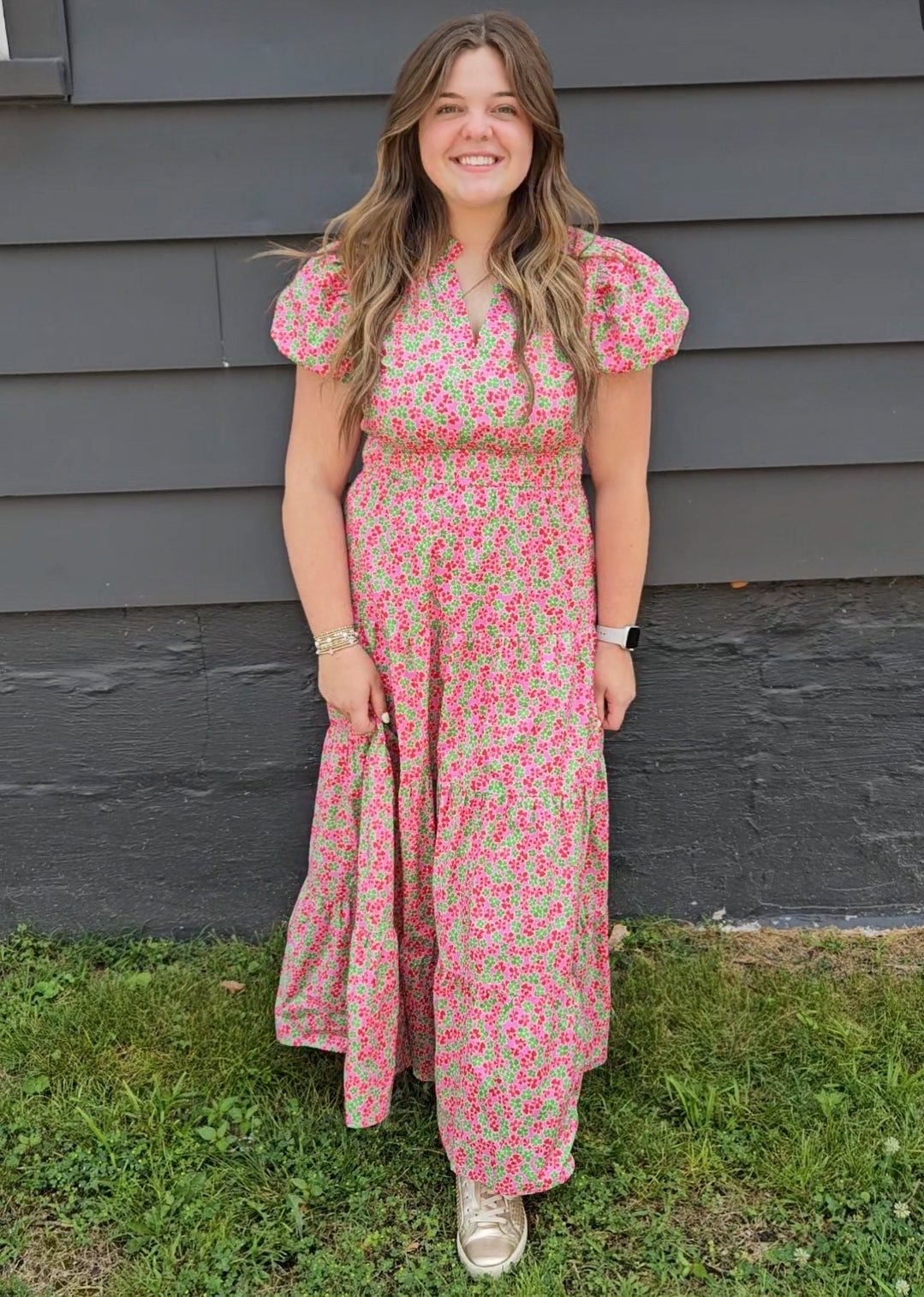 Sally pink, green, and red floral Full Length Dress