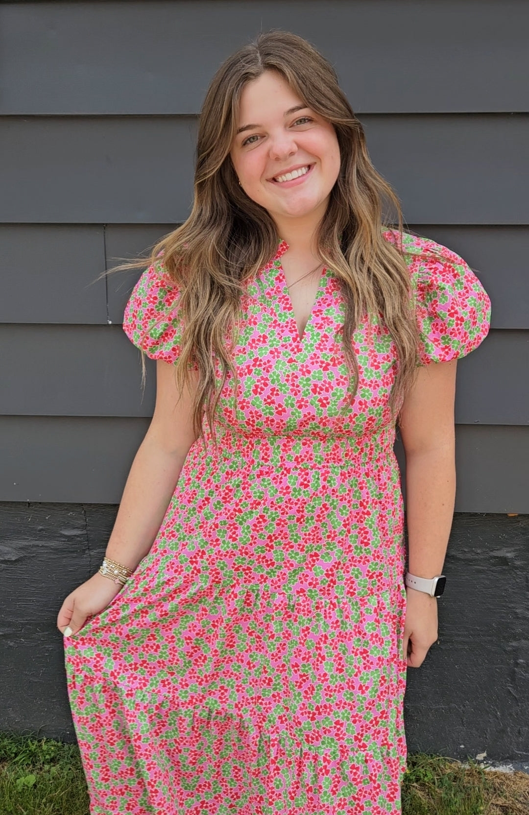 Sally pink, green, and red floral Full Length Dress