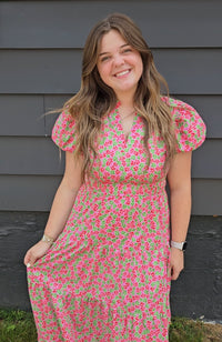 Sally pink, green, and red floral Full Length Dress