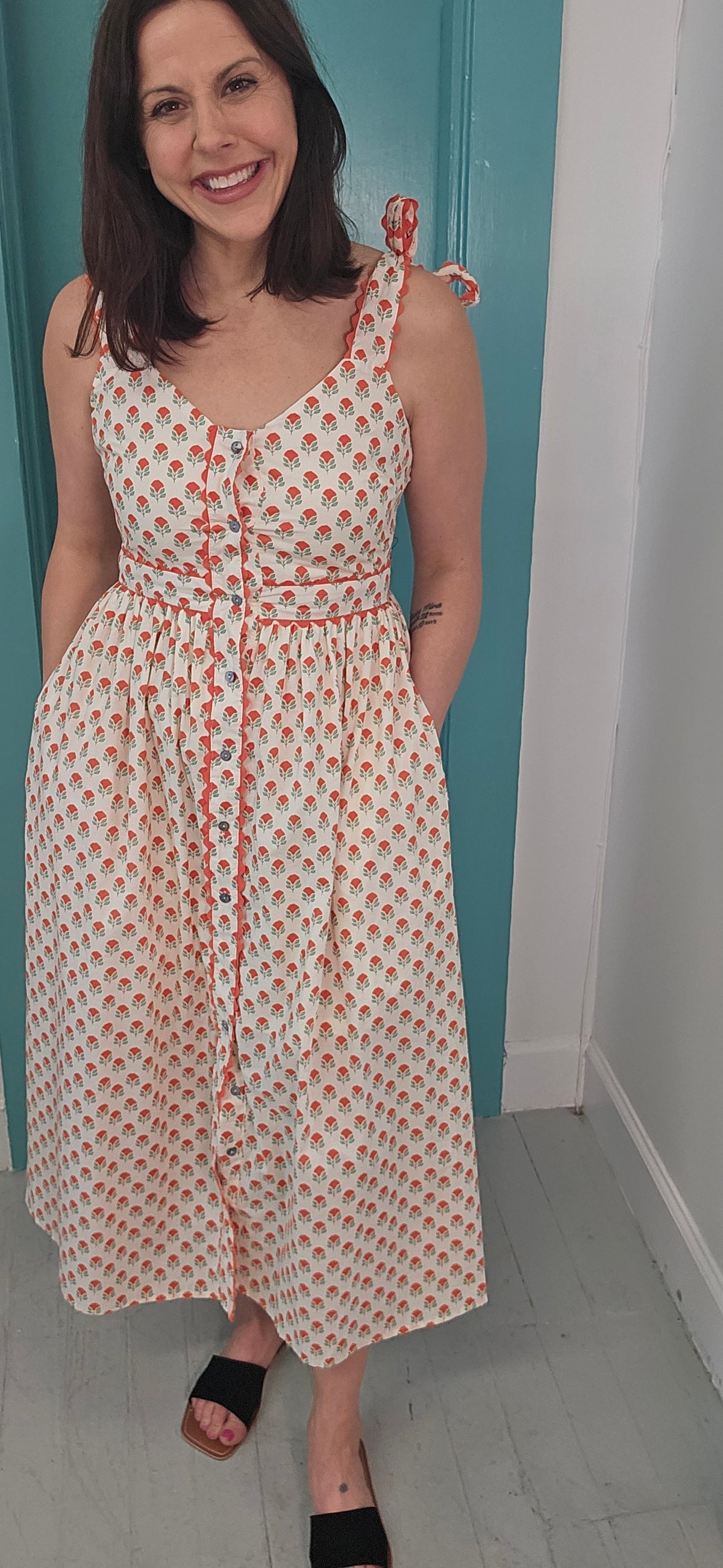 Poppy Picnic Bow Strap Midi Dress