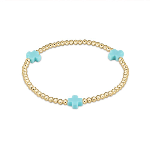 Signature Cross Gold Pattern 3mm Bead Bracelet - Turquoise