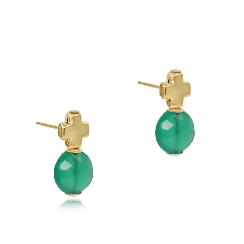 Signature Cross Gold Stud Earrings - Green Onyx