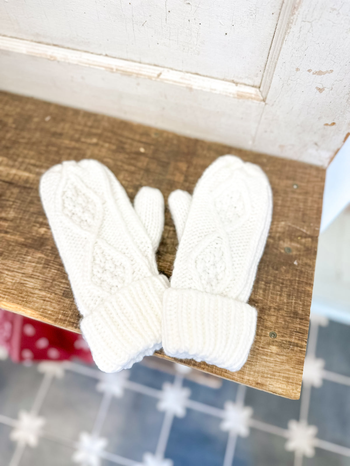White Cable Knit Mittens